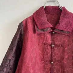 希少 90s チャイナボタン シルクシャツ 総柄 古着 一点物 Mサイズ 