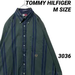 90s フラッグタグ トミーヒルフィガー 長袖シャツ ストライプ M グリーン