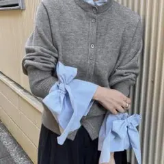 リボン付き　ニットカーディガン　グレー