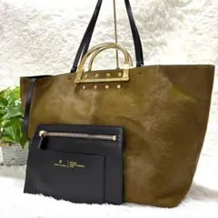 【極美品】ZANCHETTI ハラコ　2way トートバッグ　A4　カーキのサムネイル