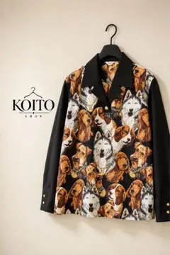 昭和レトロ 犬柄 長袖総柄ブラウス アニマル 派手柄 ゴールドボタン