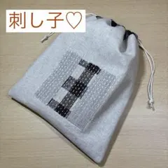 巾着袋　刺し子　ハンドメイド　リネン　ブラウン　ナチュラル　ポーチ　小物入れ