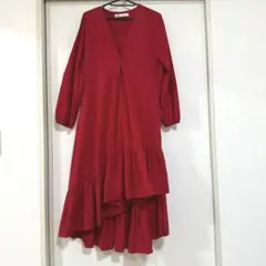 ZARA 赤 長袖 アシンメトリー シャツワンピース フレア裾
