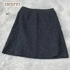 インディヴィ【L】膝丈スカート 総レース 透かし リーフ柄 黒 大人可愛い