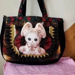 c*e様 新作♡パネル生地 黒猫 レースフリルトートバッグ コヤンイサム