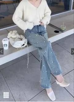 GRL パール付き ストレートデニムパンツ ライトブルー Lサイズのサムネイル