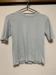 水色 半袖リブ編みTシャツ