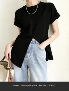 フロントスリットtシャツ　韓国風半袖　黒　Mのサムネイル