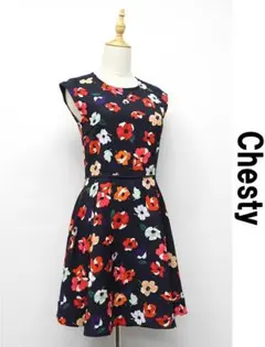 A501/未使用 Chesty ひざ丈ワンピース ノースリーブ 花柄 1 M 紺
