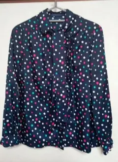 Oxford ネイビー 水玉 フリル付きシャツ