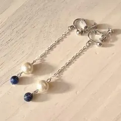 天然石　トルコ石とコットンパールのロングイヤリング