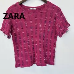 ザラ　Tシャツ　ピンク　リブ編み　半袖　フリンジ袖　綿混
