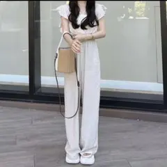 Vネックラッフルワイドオールインワン　gm588 GRL