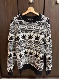 HUF 黒白葉模様 ニットセーター L