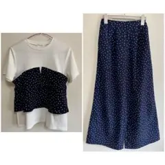 GU ジーユー ドット柄 トップス ワイドパンツ セット NAVY