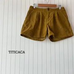 チチカカ コーデュロイショートパンツ ウエストゴム 総柄 刺繍 マスタード 脚長