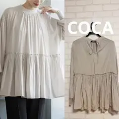 coca コカ　サテン　ギャザーブラウス　バルーンスリーブ