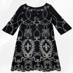 グレースクラス 刺繍ワンピース 膝丈 ウール混 オケージョン バイカラー 黒×白