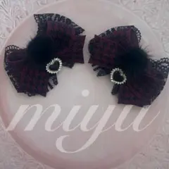 ヘアクリップ　（ワインレッド✗黒千鳥格子✗ぽんぽんきらハート）　ロリィタ　推し