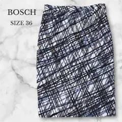 ボッシュ　タイトスカート　ひざ丈　コットン　総柄　個性的　大人女子　ブルー　M