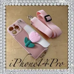⋱⋰ 在庫処分‼︎ iPhone14Pro♡お花ストラップ付きスマホケース⋱⋰