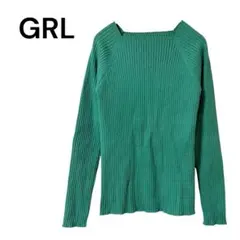 【グレイル】M 長袖カットソー 薄手ニット ストレッチ グリーンGRL スクエア