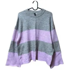H&M ボーダー ニット セーター 長袖 グレー×パープル