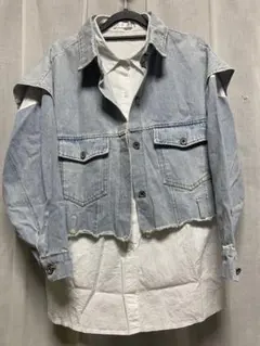 Yibeier コンビネゾンシャツ デニムベスト セット 韓国ファッション