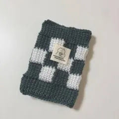 アフガン編み チェック柄 ブックカバー 文庫本 編み物 小物 緑 グリーン 白