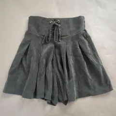 【М】キュロットコーデュロイ レースアップ グリーン フェイク フレアスカート