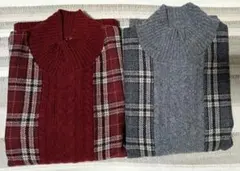 チェック柄ニット セーター　ワインレッド グレー　2枚セット　美品