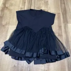 フリル付き黒チュニックノースリーブTシャツ Fサイズ