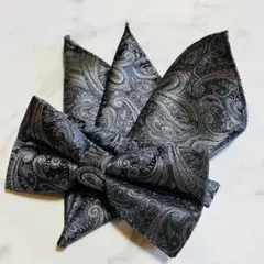蝶ネクタイ　ポケットチーフ2点セット/ブラックシルバーペイズリー F