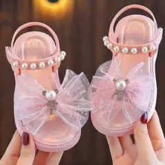 20cm ピンク リボンサンダル キッズ 女の子 キラキラ クマ パール リボン