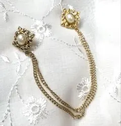 ヴィンテージピンバッジブローチ スカーフブローチ パール真珠 ゴールドチェーン①