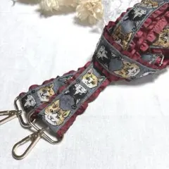 ショルダーストラップ 猫柄 フリル インド刺繍リボン 大人可愛い 個性派 猫好き