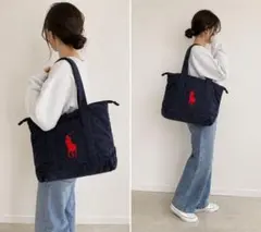 ラルフローレン　A4収納可　キャンバス　ビックポニー刺繍　トートバッグ　ネイビー