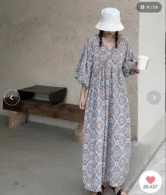 バルーンスリーブオリエンタル柄ロング丈ワンピース ペイズリー 半袖 夏服のサムネイル