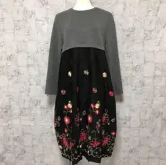 【205 ZERO】花柄刺繍 ドッキングワンピースグレー×黒 M〜L
