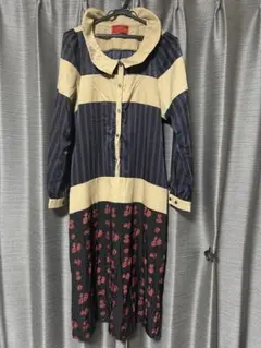 somari ストライプ花柄長袖ワンピース