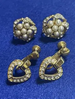 ヴィンテージ　イヤリング　ゴールド　ハート　パール　ストーン　レトロ　2点セット