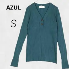 人気✨AZUL レーヨン リブニット 緑 ボタンVネック 長袖【S】b11137