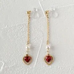 ハートとミニパールのロングノンホールピアス