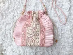 【セール】インド刺繍リボン と フリル の 巾着ショルダーバッグ ポーチ