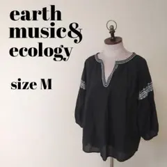 アース ミュージック＆エコロジー 綿トップス 五分袖 刺繍 キーネック 黒 m