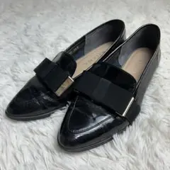 DIANA 24.0 リボン エナメル ローファー パンプス 黒 ポインテッド