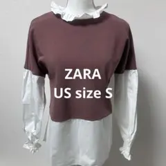 ZARA フリル付きブラウンホワイトトップス ブラウス(506)