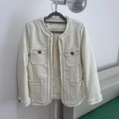 韓国風 ノーカラーツイードジャケット