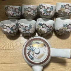 倉庫整理品!!昭和レトロな九谷焼花柄湯呑み８個&急須セット