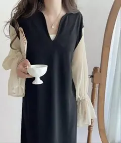mily bilet シアー袖切り替えキャンディースリーブVネックワンピース